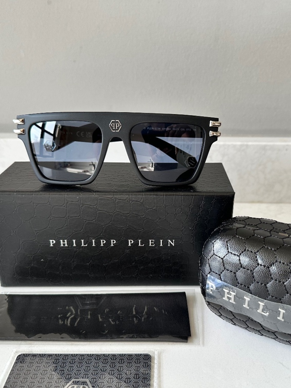 NWT | Philipp Plein | Matte Black & Blue Rectangle Sunglasses - SPP108V - Picture 4 of 5